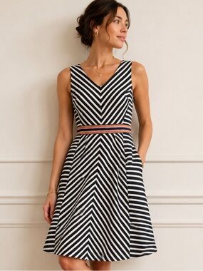 Maeve Navy and White Striped Midi Dress with Multicolor Waistband size 2